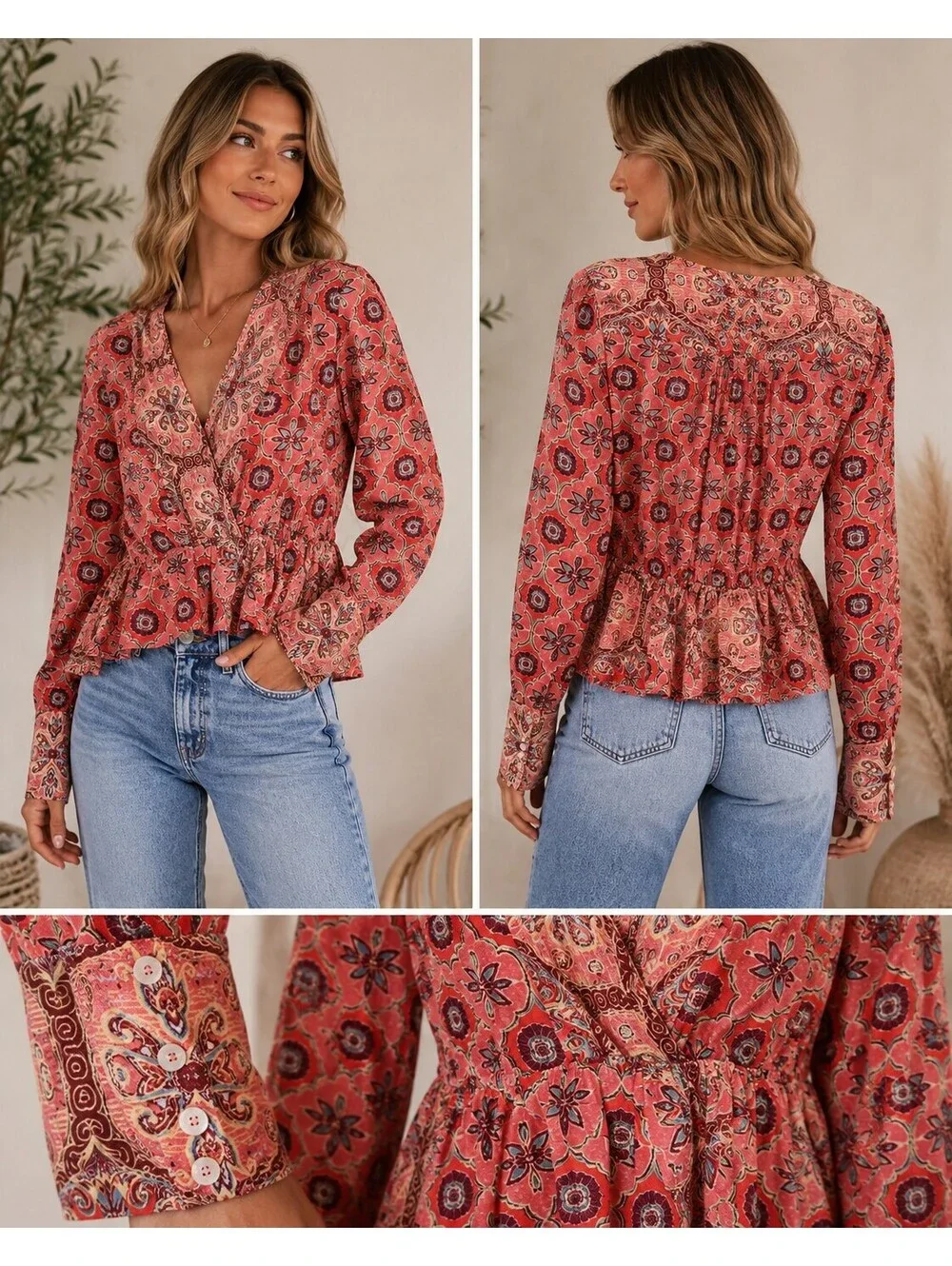 Free People Womens XS Blouse Boho Mixed Print Peplum Surplice Long Sleeve